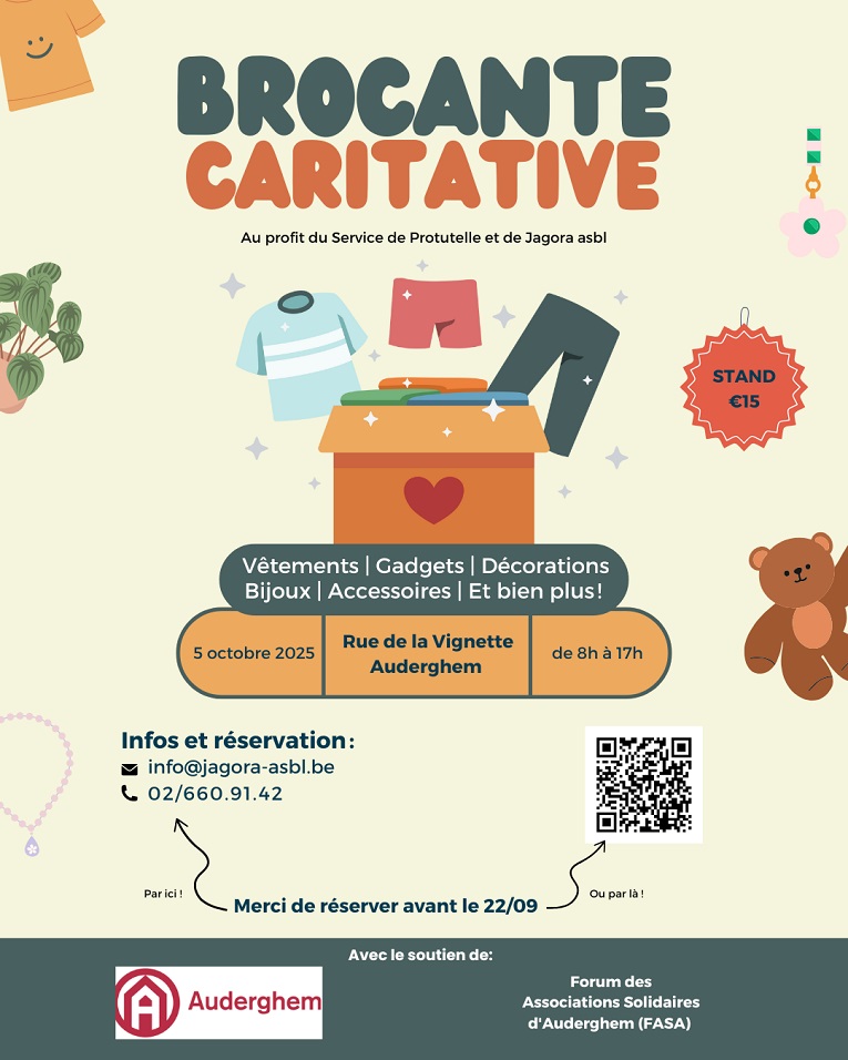 brocante caritative au profit du service de Protutelle et de Jagora asbl